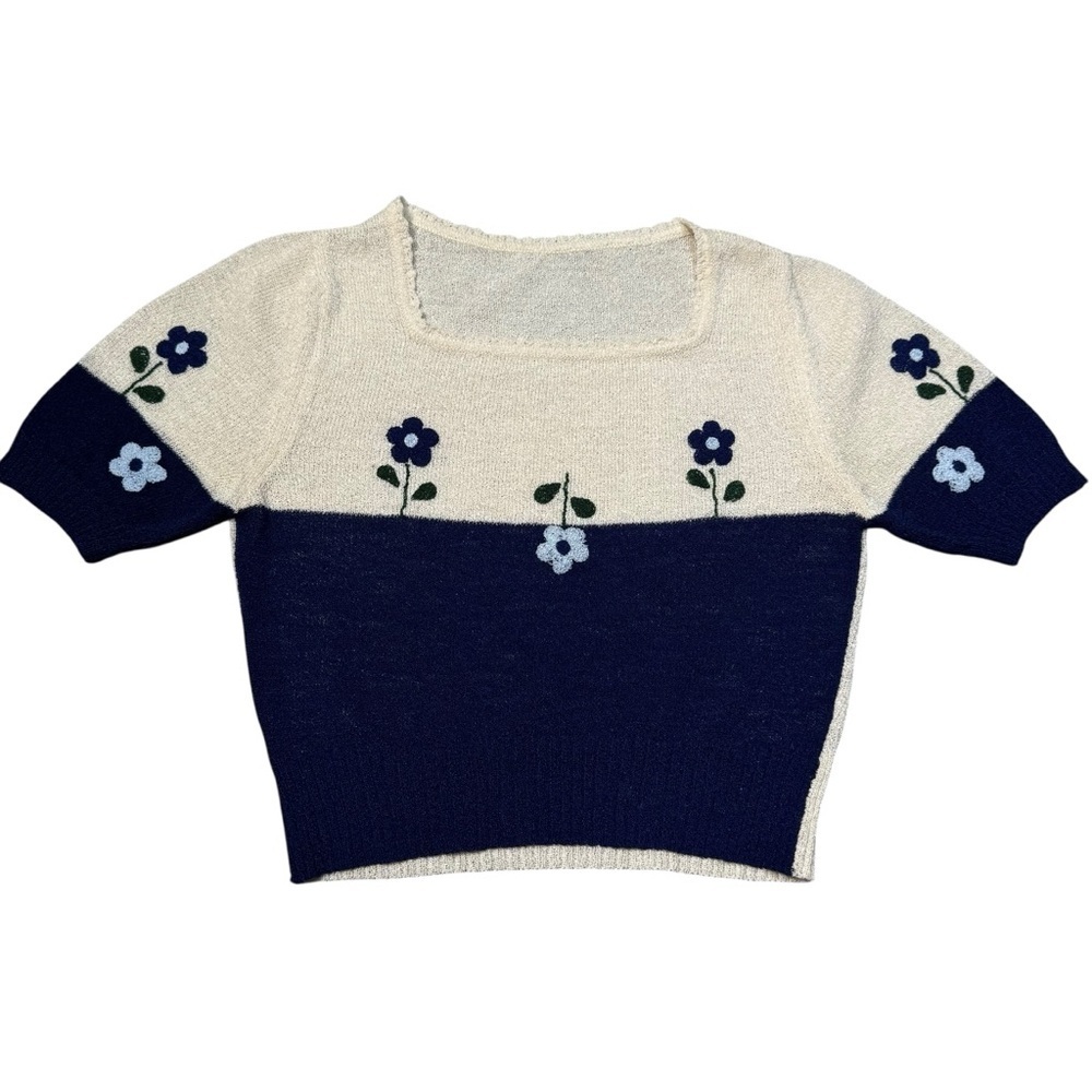 Girls Knit Cropped Short Sleeve Floral Top Size 10